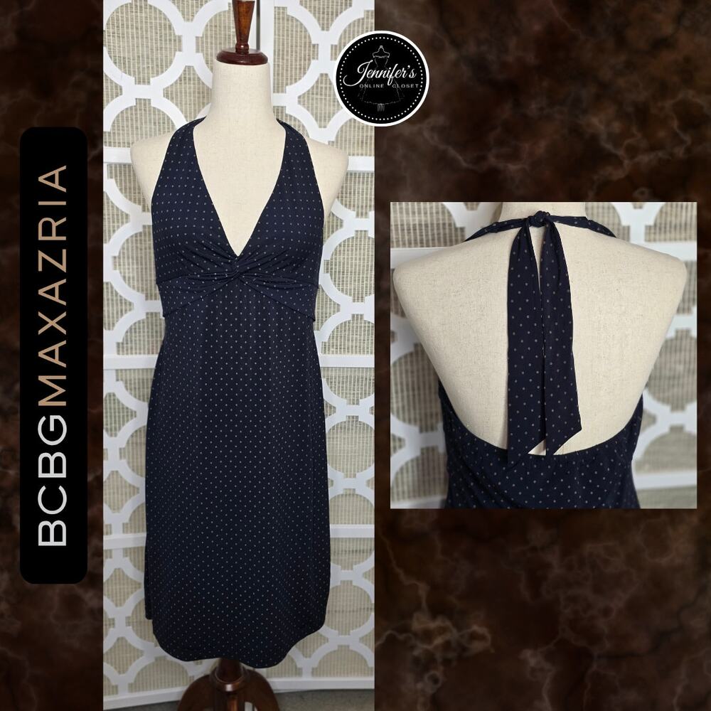 BCBGMaxAzria Women's Black & Tan Polka Dot Twist Front Halter Top Dress L